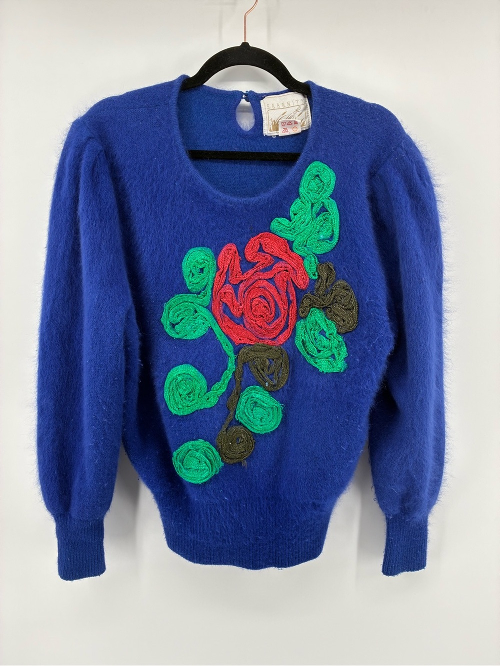 Vintage Angora & Wool Blend Royal Blue Crewneck Sweater Floral Appliqué